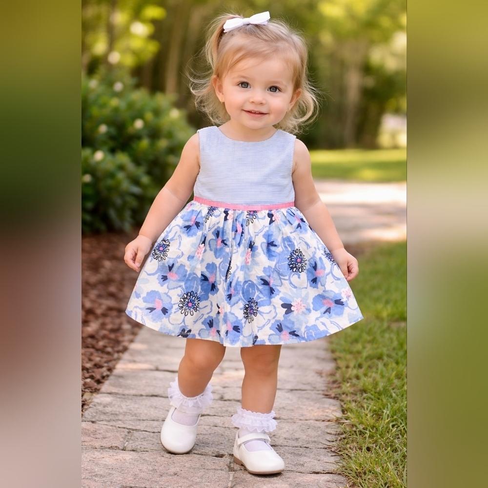 Carter's Striped Blue and White Floral Special Occasions Dress